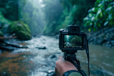 Photographer is using a camera on a tripod to capture a scenic river flowing through a lush green forest - yliv