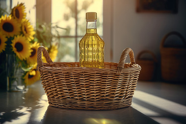 Бутылка подсолнечного масла в плетеной корзинке на кухонном столе. Генерировать искусственный интеллект - yliv