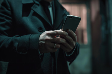 крупным планом руки бизнесмена, держащего смартфон, мужчина одет в черный костюм и галстук - yliv