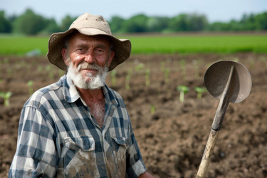 Senior farmer with a shovel standing in a field after working the land - yliv