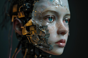 3D-рендеринг молодой женщины с видимыми имплантатами киборга на половине ее лица, иллюстрирующий достижения в области искусственного интеллекта - yliv