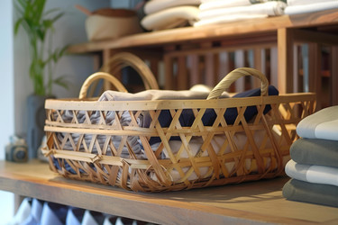 Woven basket holding clothes in a retail store display - yliv