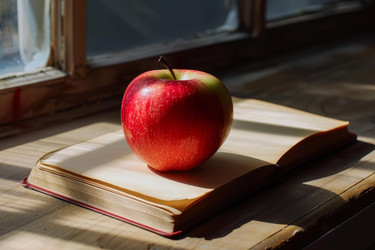 красное яблоко сидит на открытой книге на подоконнике, а солнечный свет струится через окно - yliv