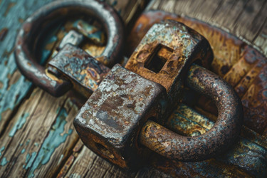 Close up of an old rusty padlock securing a weathered wooden door, emphasizing the concepts of security, age, and durability - yliv