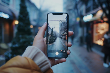 Tourist is using a smartphone to take a photo of a beautiful street in winter - yliv