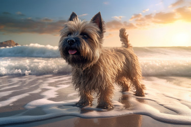 Playful doggy pet on serene sunset beach. Generate ai - yliv