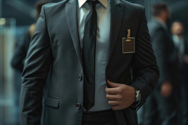 Security guard adjusting suit jacket standing in lobby - yliv