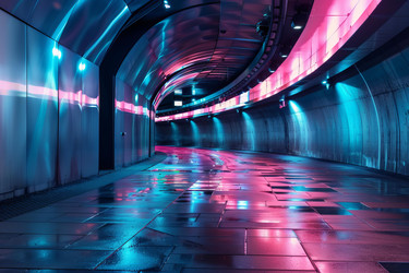 Empty illuminated urban tunnel reflecting pink and blue neon lights - yliv