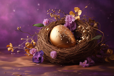 Golden egg in nest with flowers decorations. Festive springtime pastel blossom arrangement. Generate ai - yliv