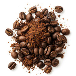 Roasted coffee beans and ground coffee forming a mound on white background - yliv