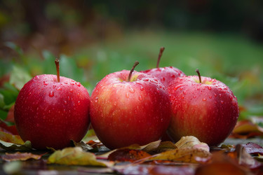 Four red apples with water drops resting on a bed of autumn leaves after the rain - yliv