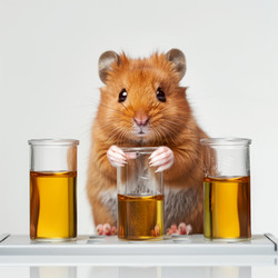 Syrian hamster holding beaker with oil in laboratory setting - yliv