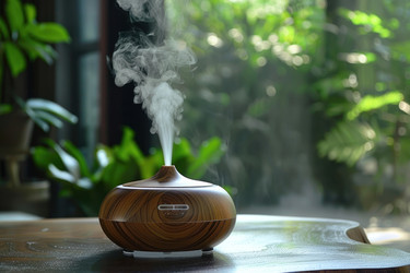 Aroma diffuser is releasing aromatic fragrance into the air of a bright room - yliv