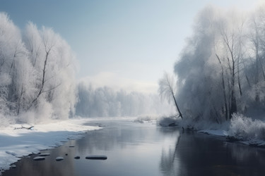 зимний пейзаж, река, деревья в снегу. лес в ясный холодный день, белый иней. генеративный контент - yliv