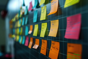 Agile methodology board covered in sticky notes for project management - yliv