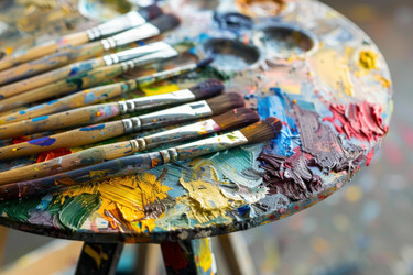 Several paint splattered brushes are lying on a colorful palette - yliv
