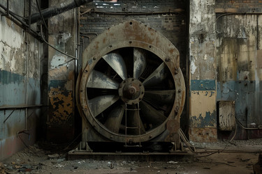 Large rusty industrial fan is sitting in an abandoned factory, showing the decay of time - yliv