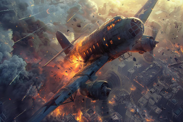 Airplane crashing and burning over city during wartime - yliv