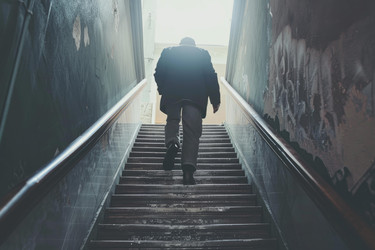 Businessman climbing concrete stairs to success with bright light at the top - yliv
