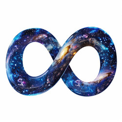 Glossy infinity symbol filled with colorful nebulae and shining stars, representing limitless universe and endless possibilities - yliv
