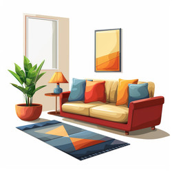 Cartoon illustration of a cozy living room interior featuring a comfortable sofa, potted plant, side table with a lamp, and a painting on the wall - yliv