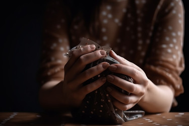 Hands packing with wrapping paper. Generate ai - yliv