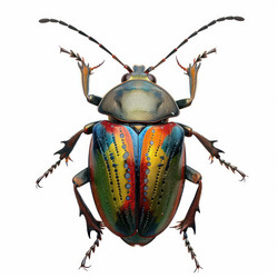Dorsal view of a colorful jewel beetle showcasing its iridescent metallic elytra in shades of green, orange, red, yellow, and blue - yliv