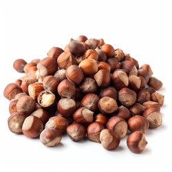 Hazelnuts with a shell on a white background forming a small mountain of nuts - yliv
