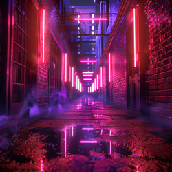 Deserted city backstreet is illuminated by glowing purple and pink neon lights after the rain - yliv