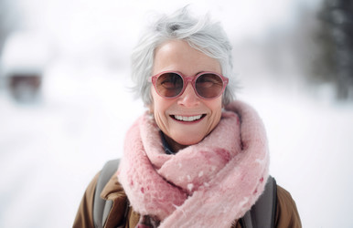Elderly woman winter season. Overjoyed grandmother with eyewear and grey hair. Generate AI - yliv