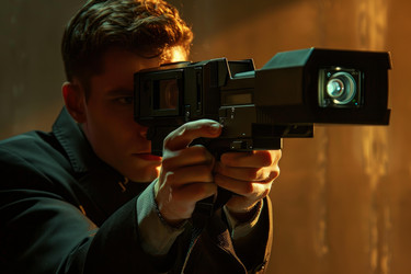 Videographer is holding a professional digital cinema camera, recording a film scene in a movie studio - yliv