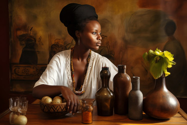 Cuban woman with traditional pottery jars. Culture lady craft handmade vases collection. Generate ai - yliv