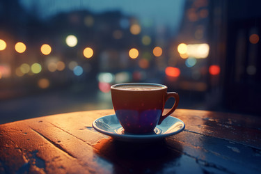 Coffee cup on table in nighttime street lights. Aromatic caffeine beverage with urban view. Generate ai - yliv