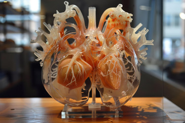 3D printed model of a human heart encased in transparent plastic, showing arteries and vessels - yliv
