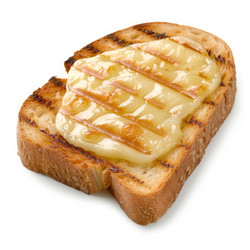 Delicious toasted bread with melted cheese on white background - yliv