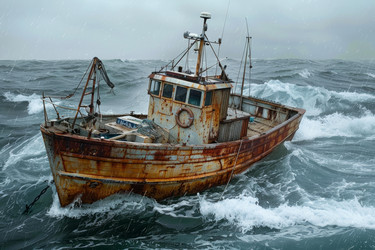 Old rusty fishing boat sailing during storm with big waves - yliv