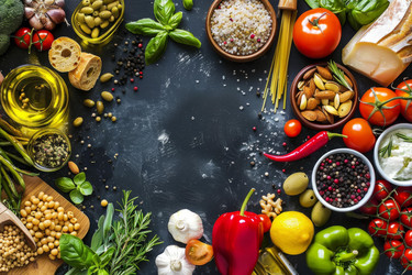 Vibrant, delicious ingredients arranged in a border on a dark background, with empty space for text or design - yliv