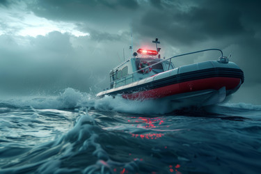 Rescue boat sailing fast on rough sea during a storm with dark clouds - yliv