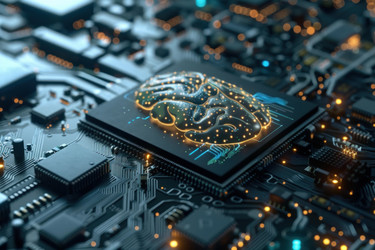 Искусственный интеллект, представленный светящимся мозгом, растущим на печатной плате - yliv