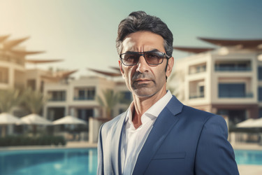 Confident real estate man on villa building. Property male broker in classical costume. Generate ai - yliv