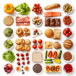 Different types of fresh food organized in a grid, showcasing a balanced and nutritious diet - yliv