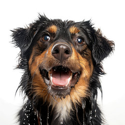 Wet tricolor australian shepherd dog shaking off water droplets - yliv