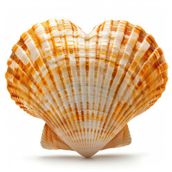 Single scallop shell with a beautiful pattern forming a heart shape, isolated on white - yliv