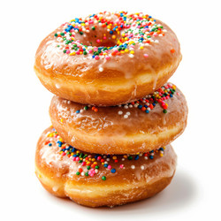 Three delicious iced donuts forming a tower, covered with colorful sprinkles, isolated on white - yliv