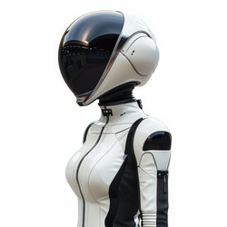 Futuristic astronaut woman posing in white space suit and helmet looking left - yliv