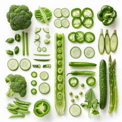 Various fresh green vegetables are arranged on a white background, creating a visually appealing and healthy display - yliv