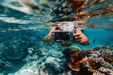 фотограф делает подводные снимки в тропических водах, держа камеру наполовину погруженной в воду - yliv