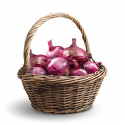Wicker basket full of red onions, creating a rustic and wholesome image - yliv