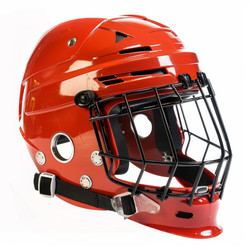 Red hockey helmet with cage isolated on white background - yliv