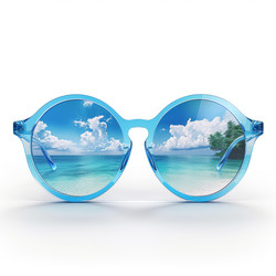 Blue sunglasses reflecting tropical beach scene on white background - yliv